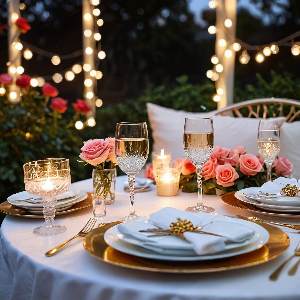 A beautifully decorated table set for a romantic dinner under twinkling fairy lights, featuring elegant accessories like fine china, sparkling crystal glasses, and fragrant candles that create a warm ambiance. Surrounding the table are soft cushions and roses, with a sunset backdrop casting a golden glow. The scene evokes love and intimacy. super-realistic. warm colors. soft focus.