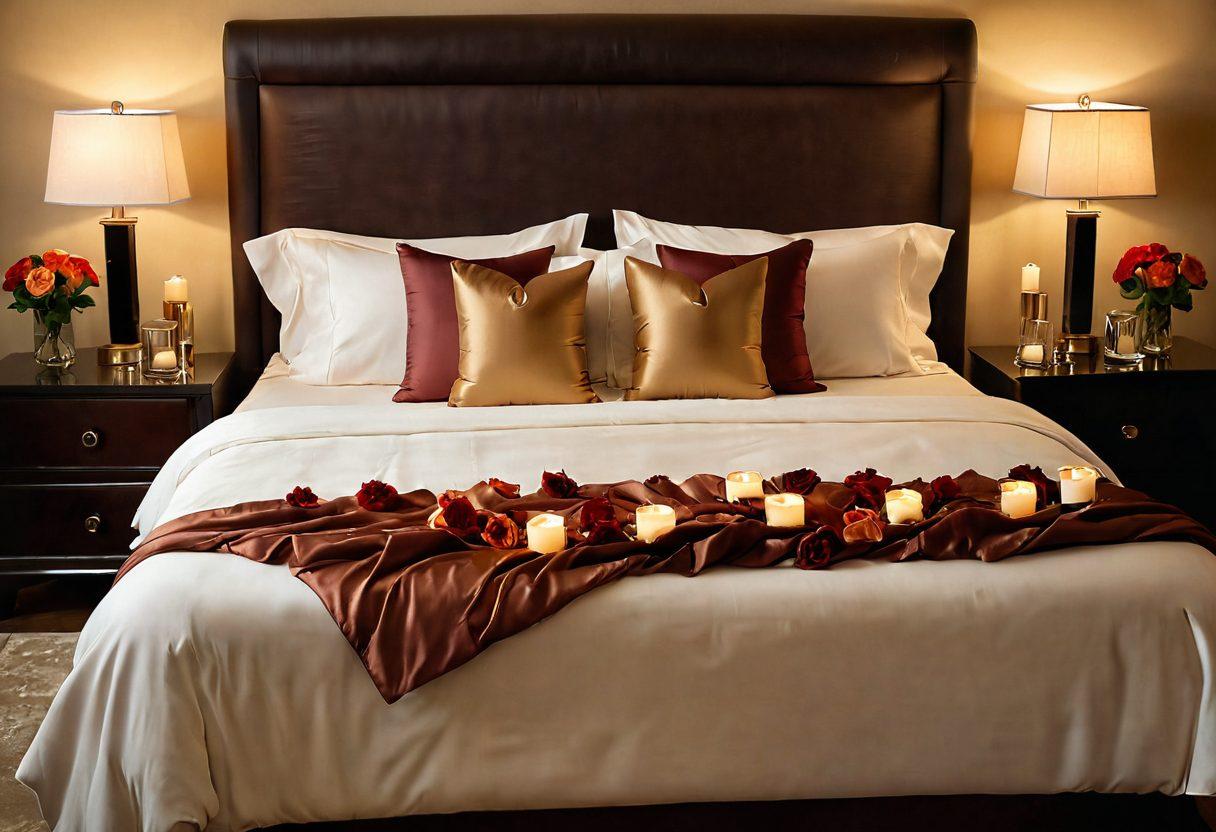 An inviting, plush bed adorned with luxurious silk sheets, surrounded by an array of adult novelties tastefully displayed on a nightstand, with soft ambient lighting creating a warm, intimate atmosphere. Lush flowers and candles in the background add a romantic touch, while a subtle hint of elegance and excitement fills the scene. super-realistic. warm colors. intimate setting.